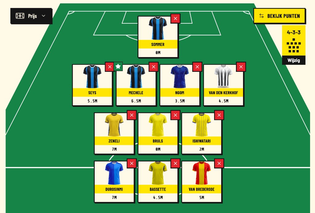 Het Mega11-voetbalspel: een opstelling van 11 spelers in een 4-3-3 met hun prijzen.